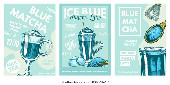 Matcha blue tea poster. Healthy milk latte. Japanese ceremony banner. Engraved hand drawn Vintage sketch for menu or book.