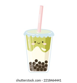 Matcha boba tea in kawaii cup with a straw. Isolated vector illustration on white background. Tasty Taiwanese green tea drink. 