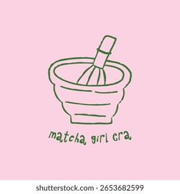 Matcha tigela e whisk, desenho animado doodle ilustração vetor. Arte de contorno desenhada à mão com textura grunge. Conjunto de preparação Matcha. Matcha menina era texto.
