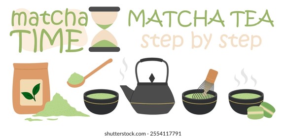 Matcha brewing instruction. Japanese green tea, cooking accessories, matcha powder, teapot, bamboo spoon and broom. Flat Vector illustration isolated on white background