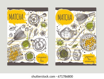 Matcha brochure flyer design. Japanese tea ceremony. Retro background. Hand drawn vector illustration. Can be used for shop, menu, cafe, restaurant, bar, poster, banner, emblem, sticker, placard.