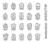 Matcha bubble tea with animal faces. Coloring Page. Boba beverage. Hand style. Vector drawing. Collection of design elements.
