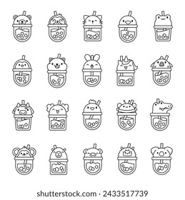 Matcha bubble tea with animal faces. Coloring Page. Boba beverage. Hand style. Vector drawing. Collection of design elements.