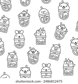 Matcha bubble tea with animal faces. Seamless pattern. Coloring Page. Boba beverage. Hand style. Vector drawing. Design ornaments.