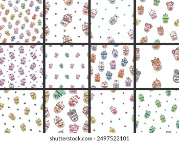 Matcha bubble tea with animal faces. Seamless pattern. Boba beverage. Hand style. Vector drawing. Collection of design ornaments.