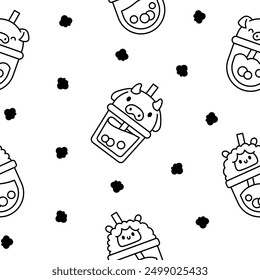 Matcha bubble tea with animal faces. Seamless pattern. Coloring Page. Boba beverage. Hand style. Vector drawing. Design ornaments.