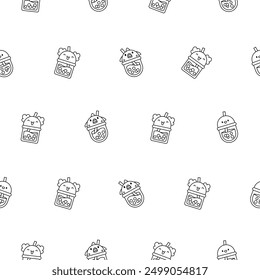 Matcha bubble tea with animal faces. Seamless pattern. Coloring Page. Boba beverage. Hand style. Vector drawing. Design ornaments.