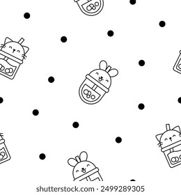 Matcha bubble tea with animal faces. Seamless pattern. Coloring Page. Boba beverage. Hand style. Vector drawing. Design ornaments.