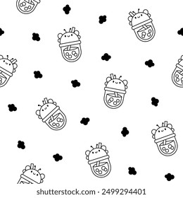 Matcha bubble tea with animal faces. Seamless pattern. Coloring Page. Boba beverage. Hand style. Vector drawing. Design ornaments.