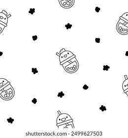 Matcha bubble tea with animal faces. Seamless pattern. Coloring Page. Boba beverage. Hand style. Vector drawing. Design ornaments.