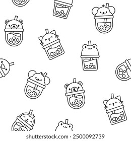 Matcha bubble tea with animal faces. Seamless pattern. Coloring Page. Boba beverage. Hand style. Vector drawing. Design ornaments.