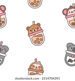 Matcha bubble tea with animal faces. Seamless pattern. Boba beverage. Hand style. Vector drawing. Design ornaments.