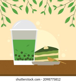 matcha bubble tea and cake illustration