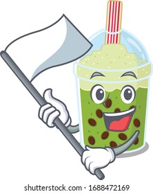 Matcha bubble tea cartoon character design holding standing flag