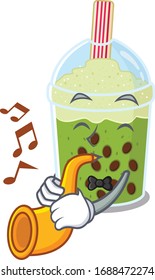 Matcha bubble tea cartoon character design playing a trumpet