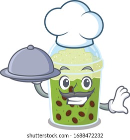 Matcha bubble tea as a chef cartoon character with food on tray