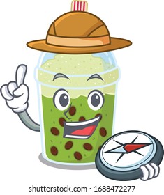 Matcha bubble tea an experienced explorer with a compass