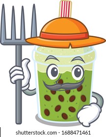Matcha bubble tea in Farmer cartoon character with hat and pitchfork