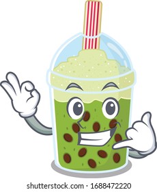 Matcha bubble tea mascot cartoon design showing Call me gesture