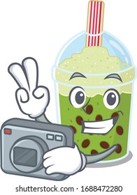 Matcha bubble tea mascot design as a professional photographer with a camera