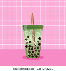 Matcha bubble tea on pink background. Vector illustration of green boba tea with tapioca and ice. Summer refreshing takeaway drink.