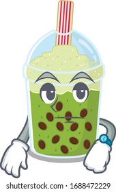 Matcha bubble tea on waiting gesture mascot design style