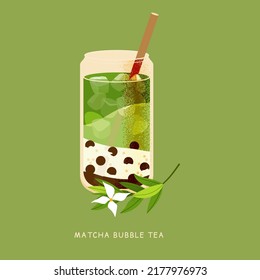 Matcha bubble tea, pearl milk tea isolated on green background. Summer cold drink vector flat illustration