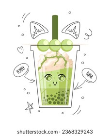 Matcha bubble tea, pearl milk tea, boba, Taiwans drink. Dango balls on a stick. chewy tapioca balls grass jelly. Whipped cream, berry topping. Cute doodle illustration. For menu, cafe, flyer, banner