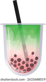 Matcha bubble tea with strawberries. Matcha latte with tapioca pearls.