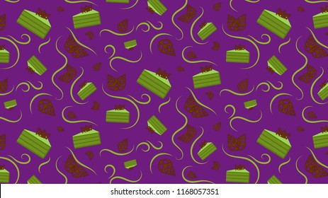 Matcha cake with chocolate leaves violet pattern