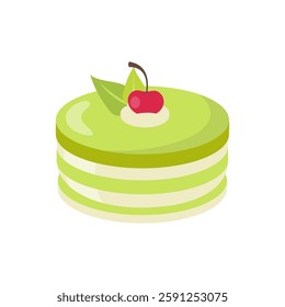 Matcha cake or green tea cake. Delicious sweet dessert concept. 3d food icon. Cute cartoon vector illustration element. Symbol of sweets. Cafe menu