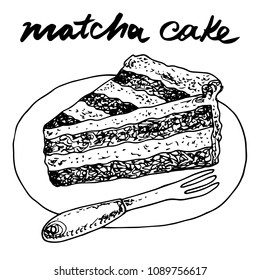 Matcha cake. Vector hand drawn graphic illustration.