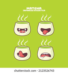 Dessin de Matcha. illustration vectorielle de thé vert japonais. avec des expressions de bouche différentes. bande dessinée