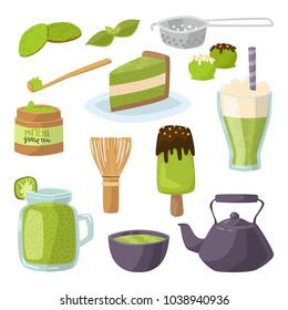 Matcha cartoon set of spoon, whisk, chasen, green tea, latter cup, icecream, candy. Hand drawing sketch vector illustration isolated on white background for poster, card, print, cool badge, packaging