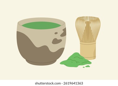 Matcha in ceramic bowl with bamboo whisk and matcha power isolated on beige color. Traditional Japanese beverage. Tea ceremony. Flat vector illustration.