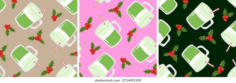 matcha christmas drink seamless pattern set holiday background holly berry and coffee cup illustration winter season repeat design festive tea