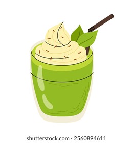 Matcha coffee with vanilla ice cream. Delicious summer drink. Flat illustration for menu, food blog, recipe.