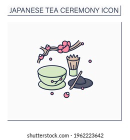 Icono de color Matcha. Ceremonia única de té. Té de Matcha en polvo cerca del té. Ritual nacional y étnico japonés. Las tradiciones del té. Concepto de ceremonia del té.Ilustración vectorial aislada