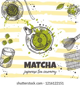 Matcha concept design. Green tea. Japanese ethnic and national ceremony. Hand drawn vector illustration. Can be used for shop, cafe, restaraunt, bar, market, poster, emblem, sticker, placard.