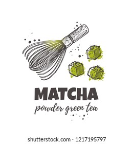 Diseño conceptual Matcha.Té verde. Ceremonia nacional y étnica japonesa. Ilustración vectorial dibujada a mano. Se puede utilizar para tienda, café, reinicio, bar, mercado, afiche, emblema, pegatina, cartel.