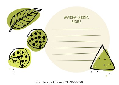 Matcha cookies with chocolate drops recipe. Dessert template for recipe, tea leaves, Green powder poured. Recipe card template with copy space. Culinary course poster concept, culinary school.