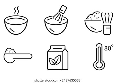 Matcha cooking icon set. Matcha package, powder spoon, cup with whisk, temperature 80 C icons. Japanese bamboo bowl vector outline illustration.