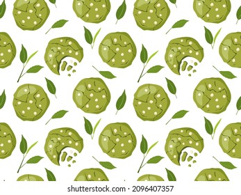 Matcha coookies seamless pattern. Homemade vegan japanese green tea cookies, baked pastries, tea leaves. Vector flat repeated background for wallpaper, wrapping, packing, textile, scrapbooking.