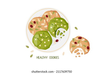 Matcha coookies with white chocolate drops and oat coookies full of pumpkin seeds, grains and dried cranberry on plate. Homemade vegan cookies, baked pastries. Overhead view Vector Healthy snack.