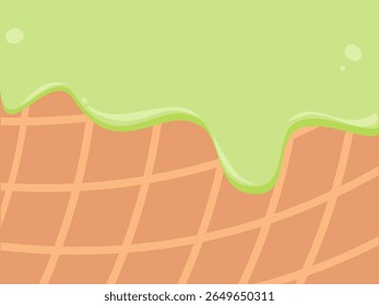 Matcha Creme mit Konusvektor geschmolzen. Eiswaffel süß. Grüne flüssige Illustration.