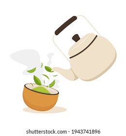 Matcha-Tasse, Vektor. grüner Teevektor. Green Tee Poster Design. Grüner Tee und heißes Wasser fallen auf eine Tasse.