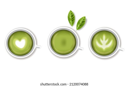 Matcha cups vector realistic. Fresh cappuccino and vegan matcha drink
