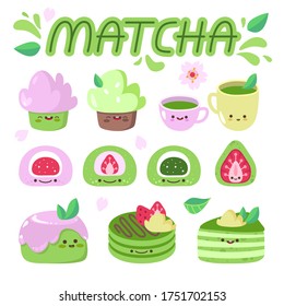 Matcha dessert collection, set isolated on white, vector illustration. Asian sweets, mochi and cake with cute faсes. Dessert cafe in Japan, sweet oriental treats, traditional food assortment