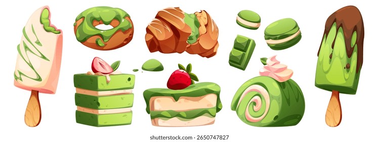 Matcha dessert set - green tea flavored cakes, donuts, croissants, macarons, popsicles and chocolate bars with strawberry toppings. Japanese sweets set for bakery menus, confectionery game assets.