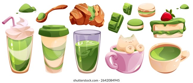 Matcha dessert set of Japanese tea flavored treats - layered drinks, latte cups, with cat foam art, powder spoon, croissant and chocolate blocks, macarons and strawberry cake. Cute cartoon style.